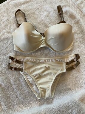 Victoria's Secret Cream Bikini Set with Brown Straps